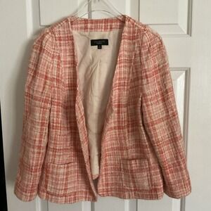 Talbots Women's Size 14 Pink Orange‎ Gracie Collarless Plaid Tweed Career Blazer